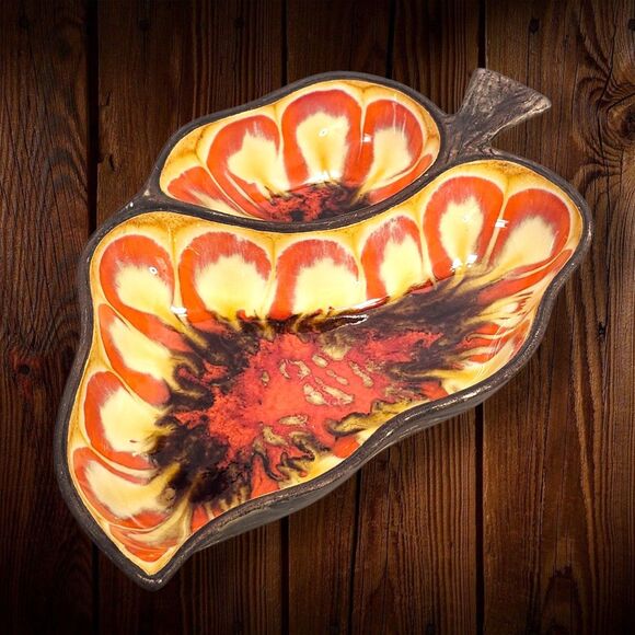 Vintage Treasure Craft 376 Leaf Chip & Dip Tray Orange Brown Glaze 1970s Decor - Picture 4 of 11